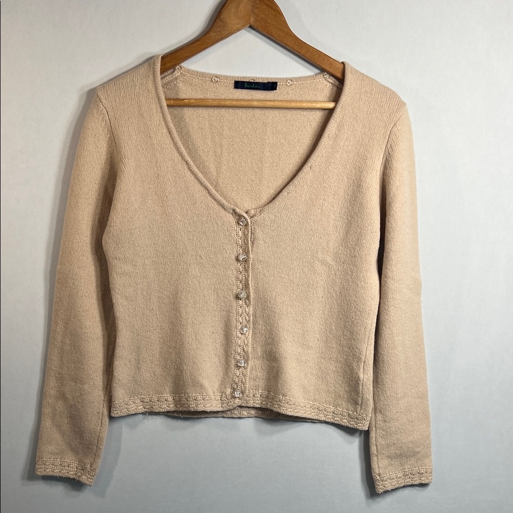 Boden Deep V Neck Lambswool Blend Knit Cardigan with Acrylic Jewel Buttons Sz PS